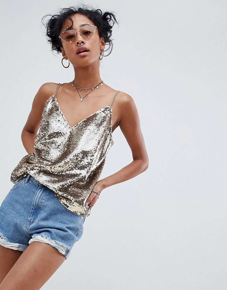 ASOS Design Sequin Cami with Strap Detail in Gold $42