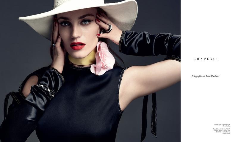 The model wears elegant hats in the fashion editorial