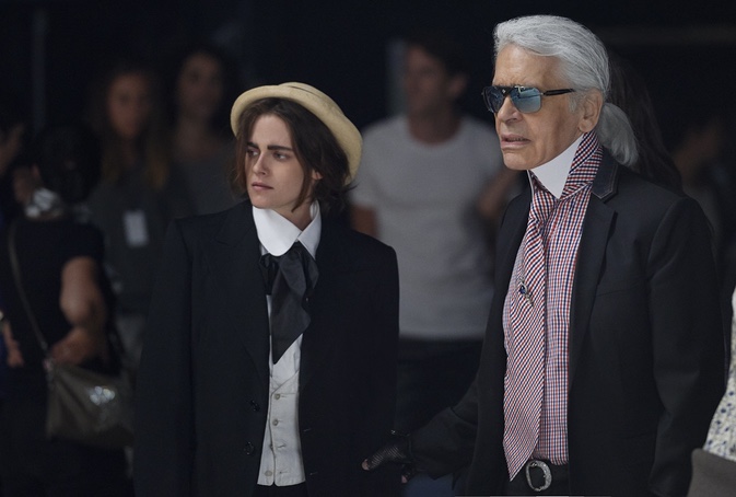 Kristen Stewart on set of Chanel Once and Forever film with Karl Lagerfeld