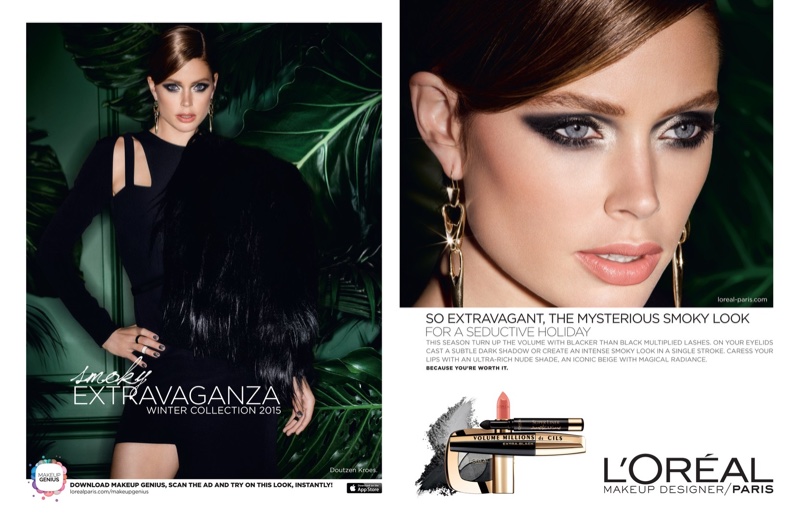 Doutzen Kroes models smokey eyeshadow and slicked back updo for L'Oreal Paris