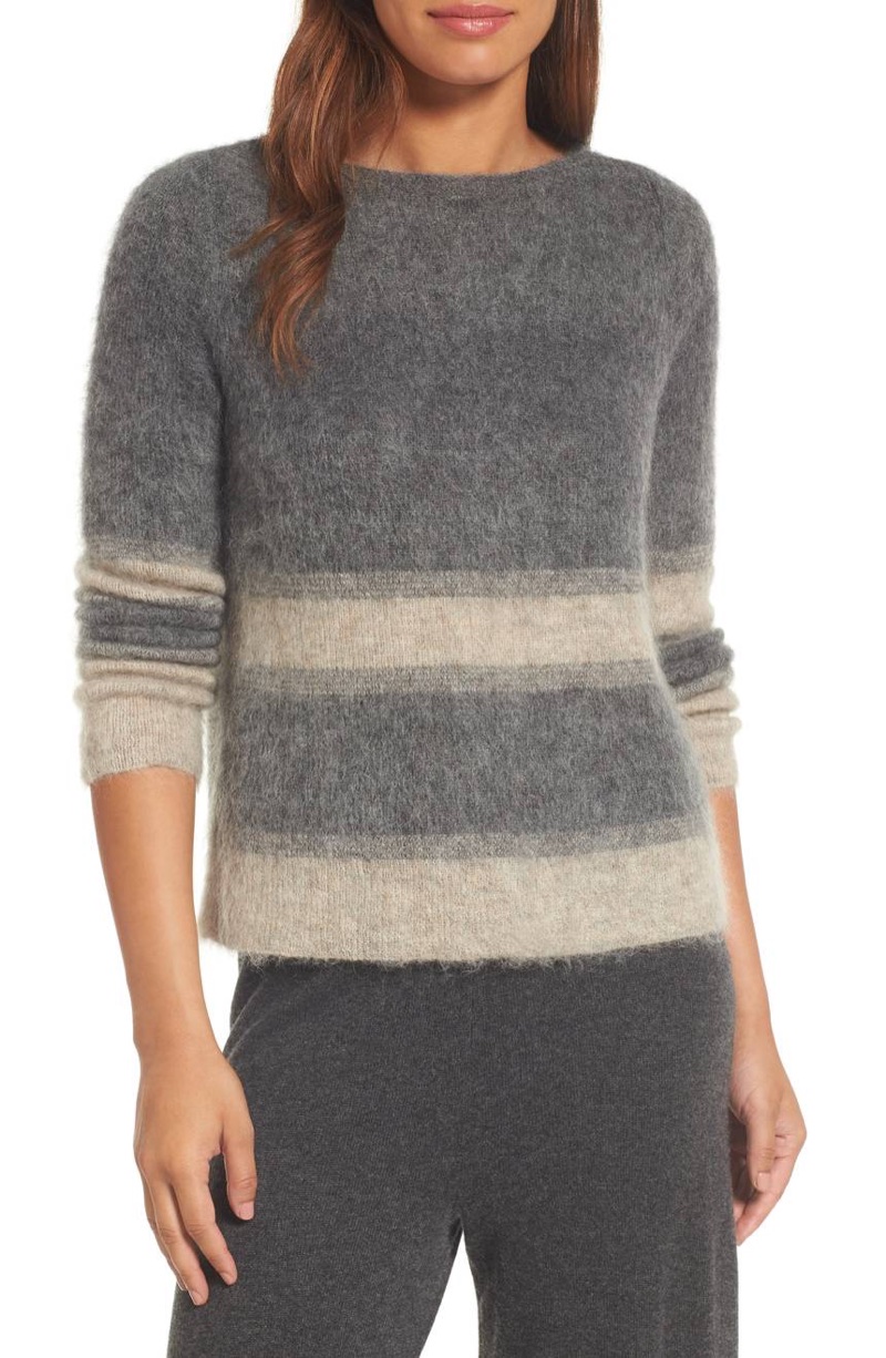 Eileen Fisher Stripe Mohair Alpaca Blend Bateau Neck Sweater $278