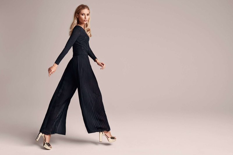 H&M Glittery Bodysuit, Pleated Pants & Gold Platform Sandals