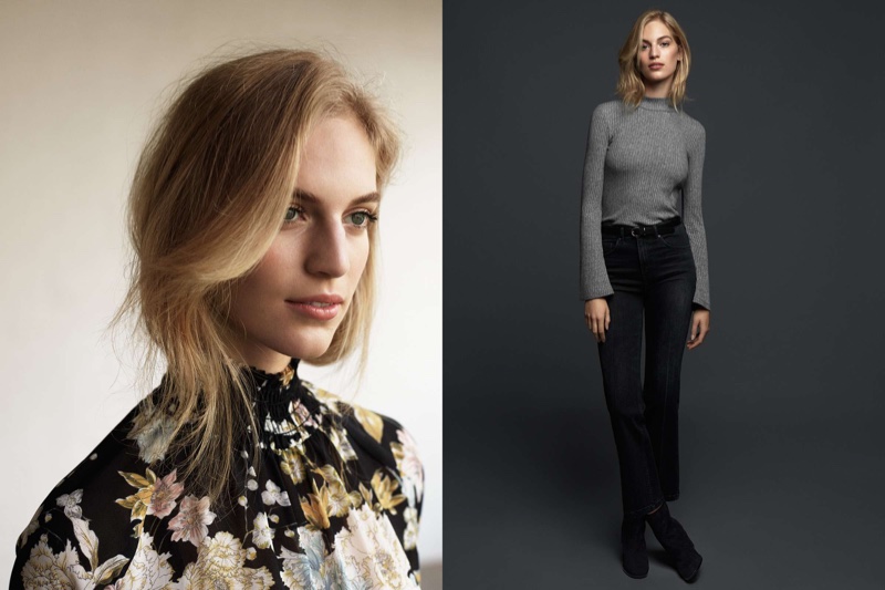 (Left) Floral Chiffon Blouse (Right) Ribbed Turtleneck Top, Cropped Flare High Jeans