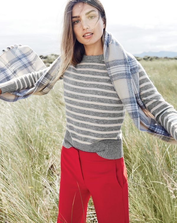 J.Crew women’s Holly sweater in stripe, patio pant and plaid pom-pom scarf