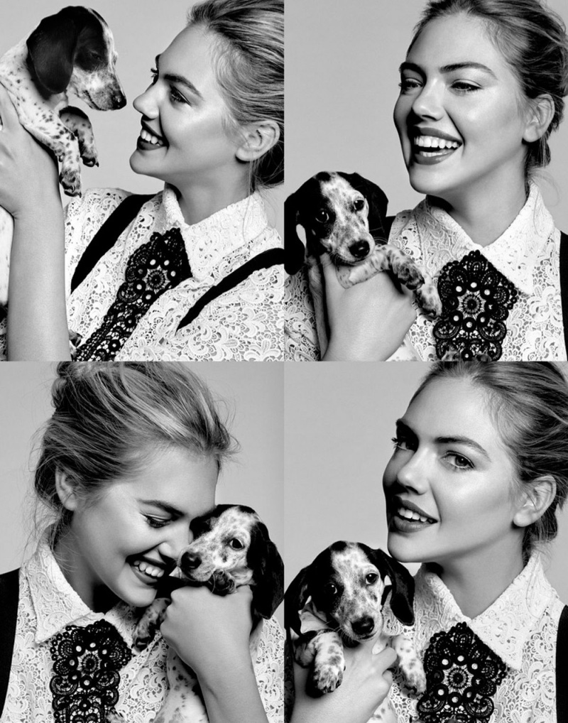 PUPPY LOVE: Kate Upton has a cute moment with an adorable pup in the shoot.