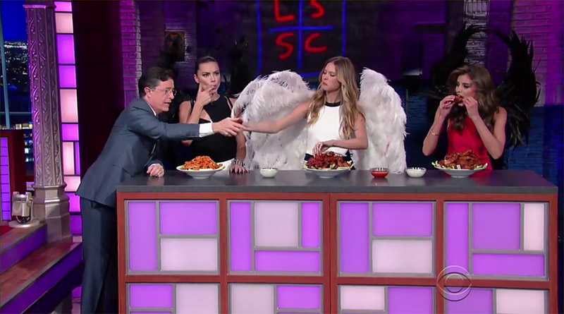 Victoria's Secret Angels Adriana Lima, Behati Prinsloo and Taylor Hill eat buffalo wings on 'The Late Show with Stephen Colbert'
