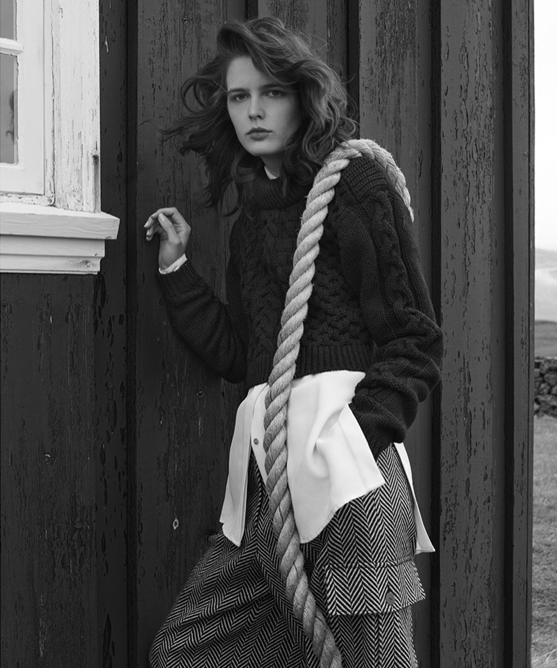 The model wears winter looks for the fashion editorial photographed by Hans Neumann
