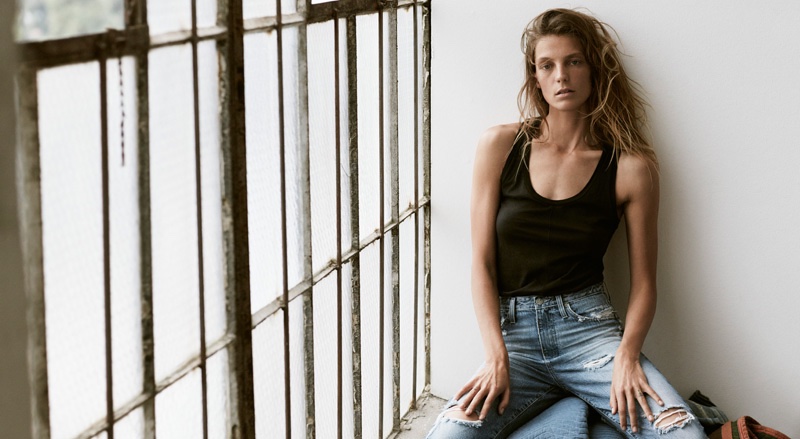 Daria models black tank and denim from AG Jeans
