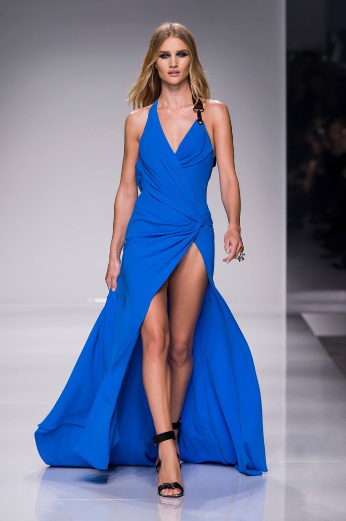 Rosie Huntington-Whiteley walks Atelier Versace's spring 2016 show wearing a blue gown