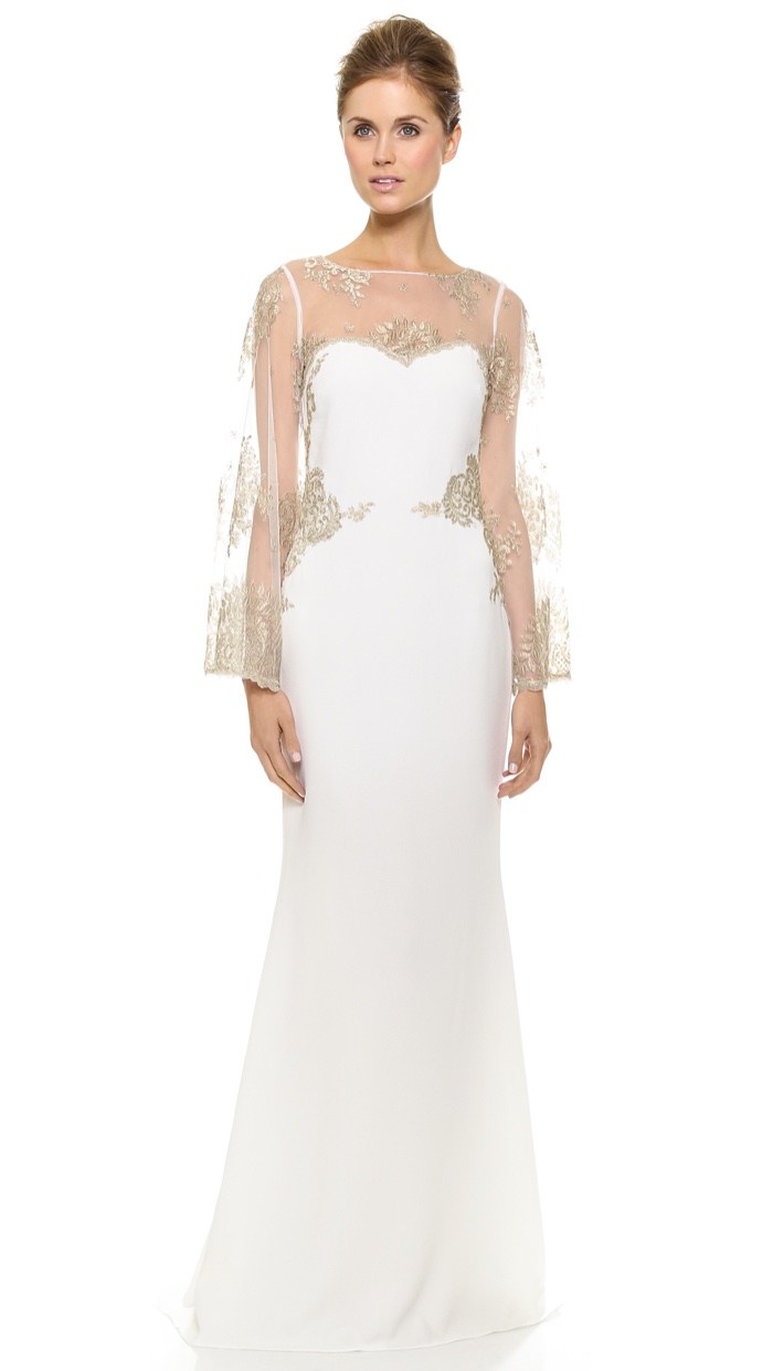 Badgley Mischka White Bell Sleeve Gown