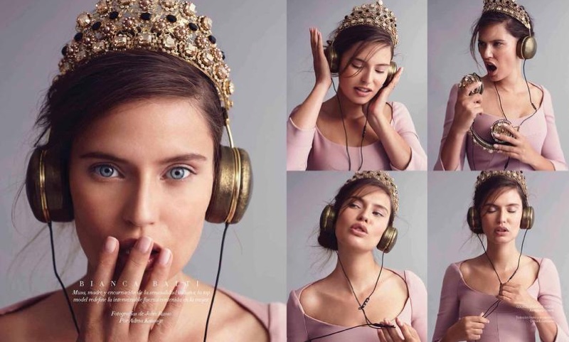 Bianca poses in crown, headphones and pink dress from Dolce & Gabbana