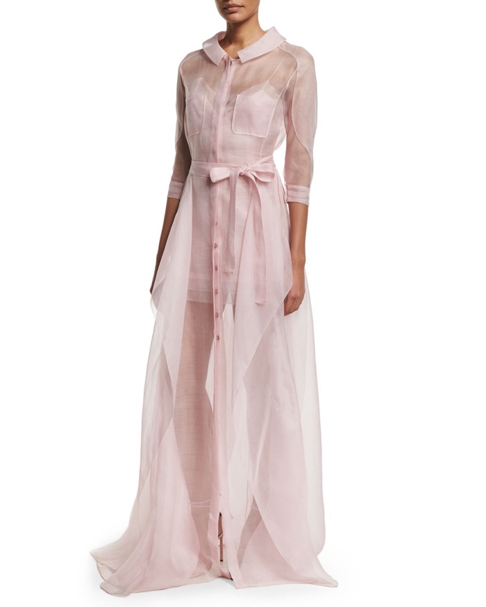 Carolina Herrera 3/4 Sleeve Silk Organza Shirtwaist Gown