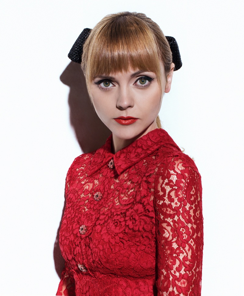 Christina Ricci wears red lace dress from Dolce & Gabbana