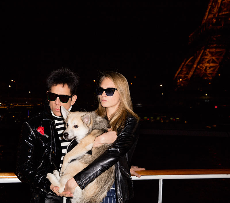 Derek Zoolander and Cara Delevingne pose with a dog while in Paris. Photo: Paramount