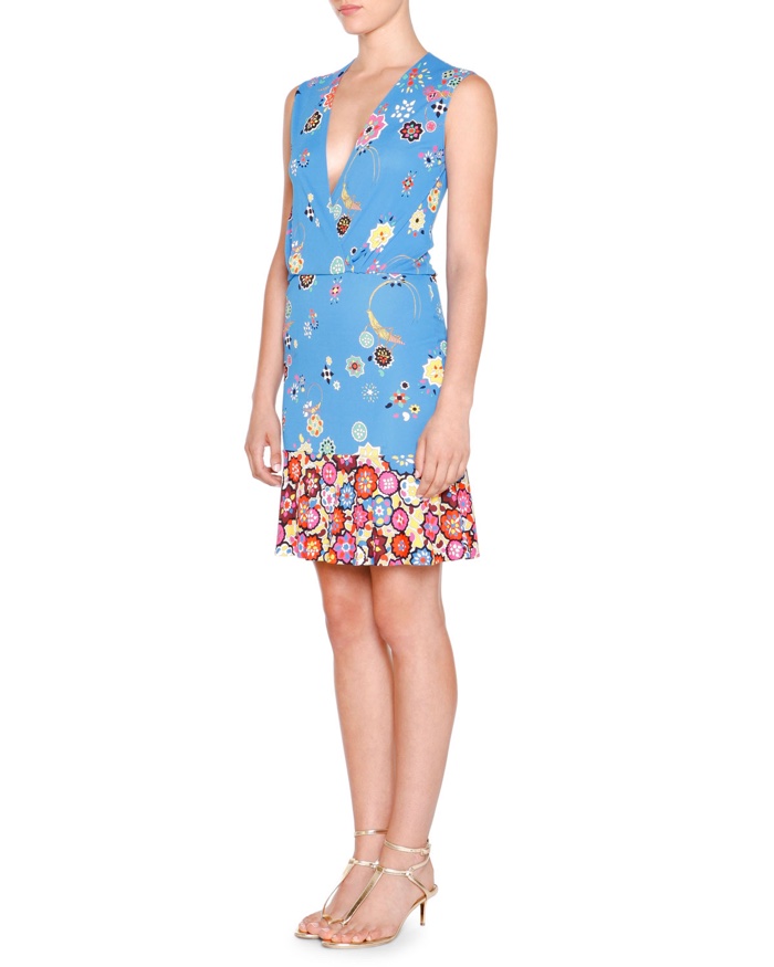 Emilio Pucci Blue Surplice Floral Print Dress