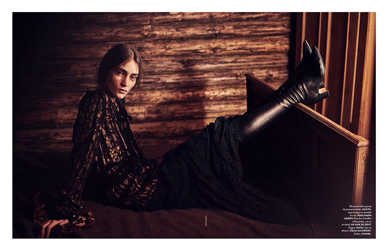 CABIN FEVER: Marine poses in embroidered blouse from Lanvin and long skirt from Polo Ralph Lauren
