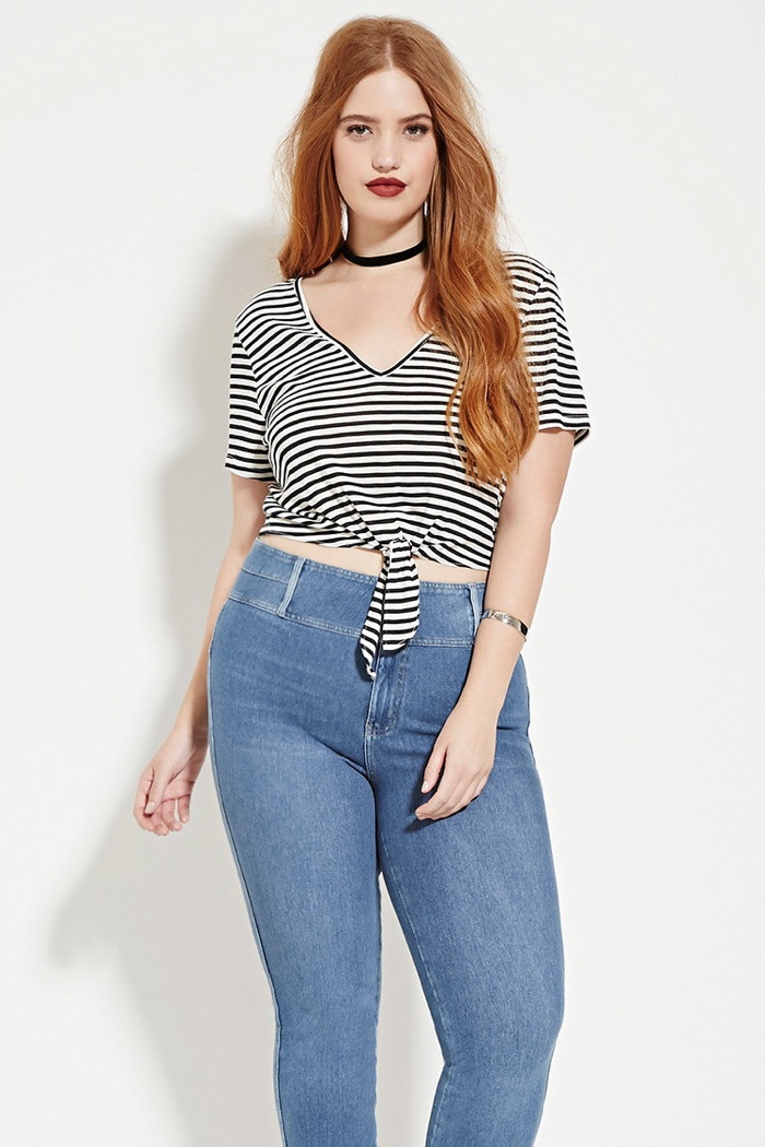 Forever 21 Plus Knotted Striped Crop Top