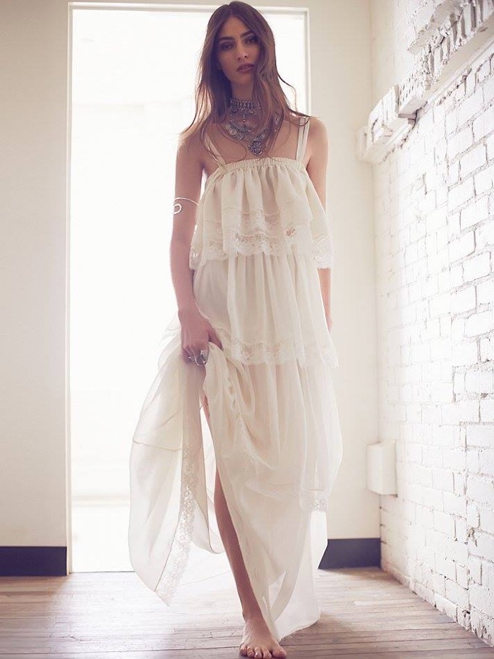 Marine Deleeuw models a bohemian bridal style with Gwen Jones x Free People Kari Set