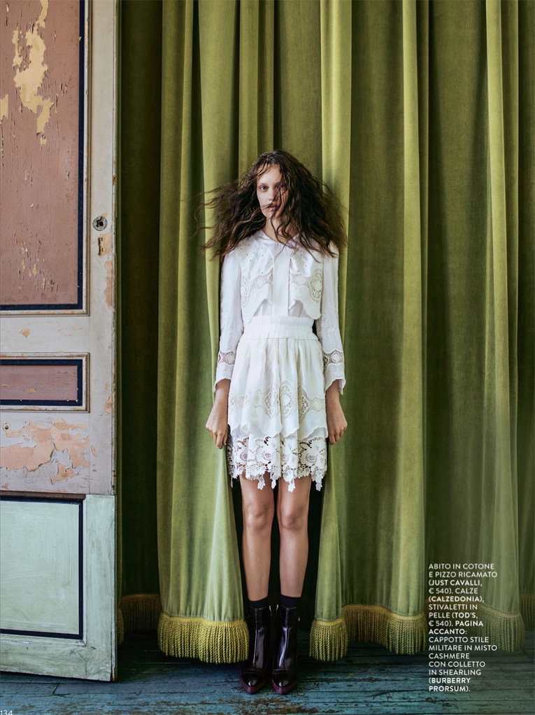 VICTORIANA: The model wears white lace Just Cavalli top and skirt