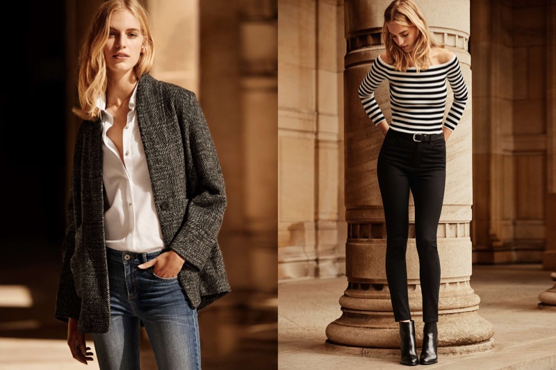 (L) H&M Wool Blend Coat, White Button-up Cotton Shirt and Slim-fit Jeans (R) H&M Ribbed Striped Off the Shoulder Top and Black Slim-fit High Waist Pants