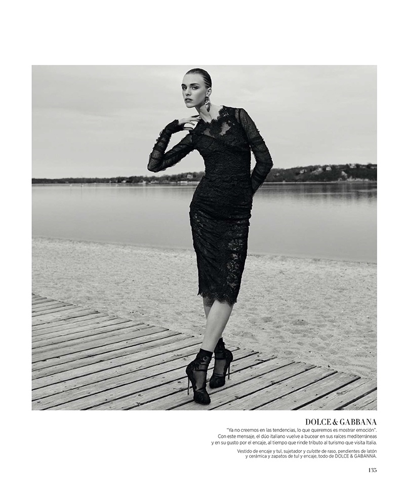 Hedvig Palm poses in a lace dress by Dolce & Gabbana