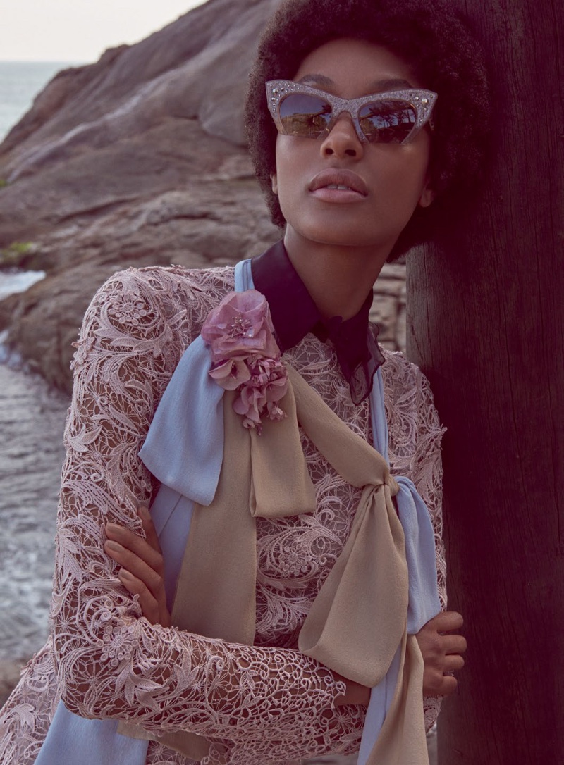 Jourdan Dunn wears an afro and retro style shades for Vogue Brazil