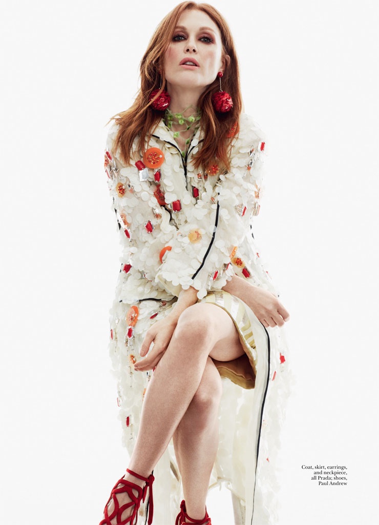 Julianne Moore embraces florals in a Prada coat and Paul Andrew shoes