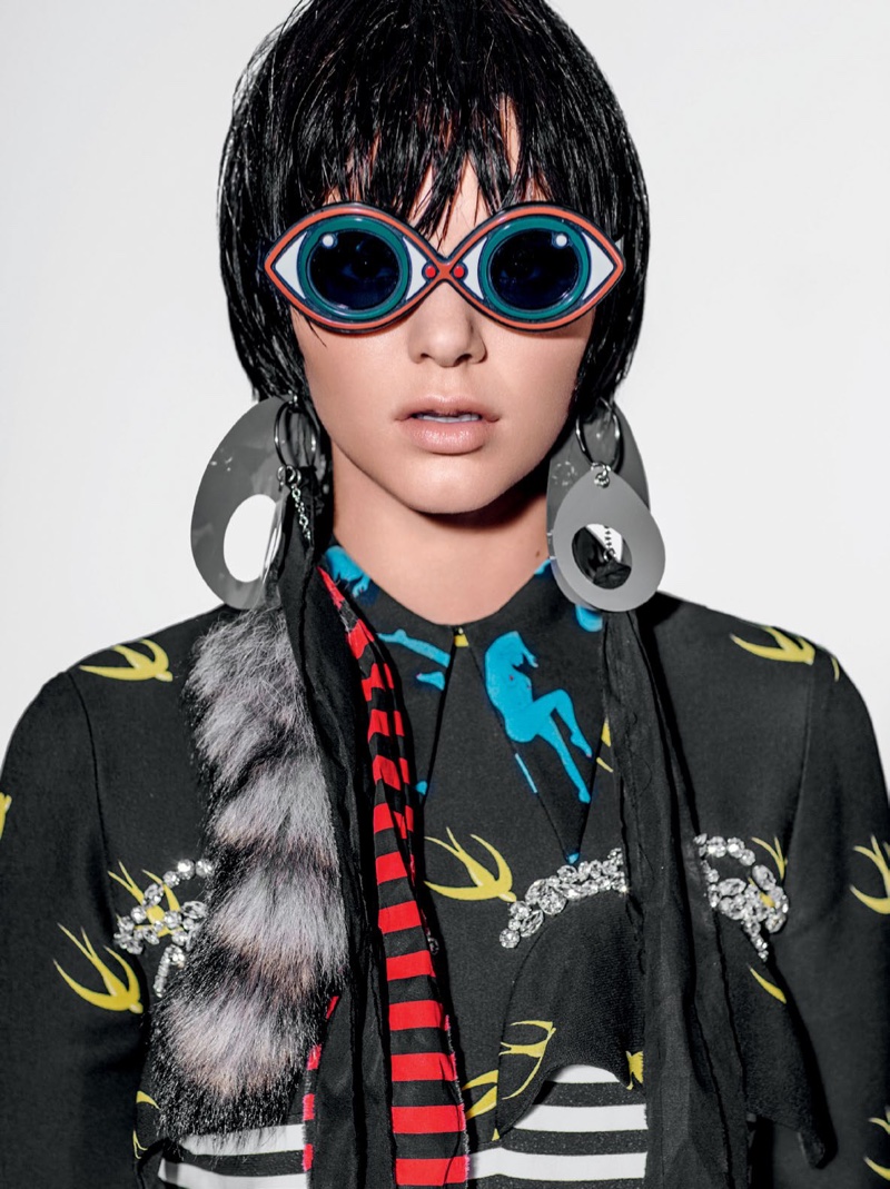 IN HER EYES: Kendall models a Miu Miu top with googly glasses