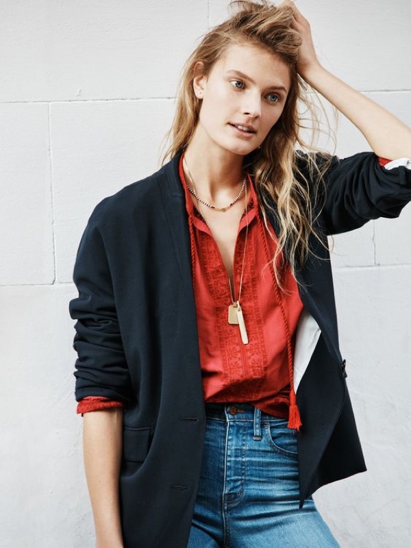 Madewell Skinny Skinny Jeans,The Flatiron Blazer, Embroidered Camelia Top and Ensign Necklace