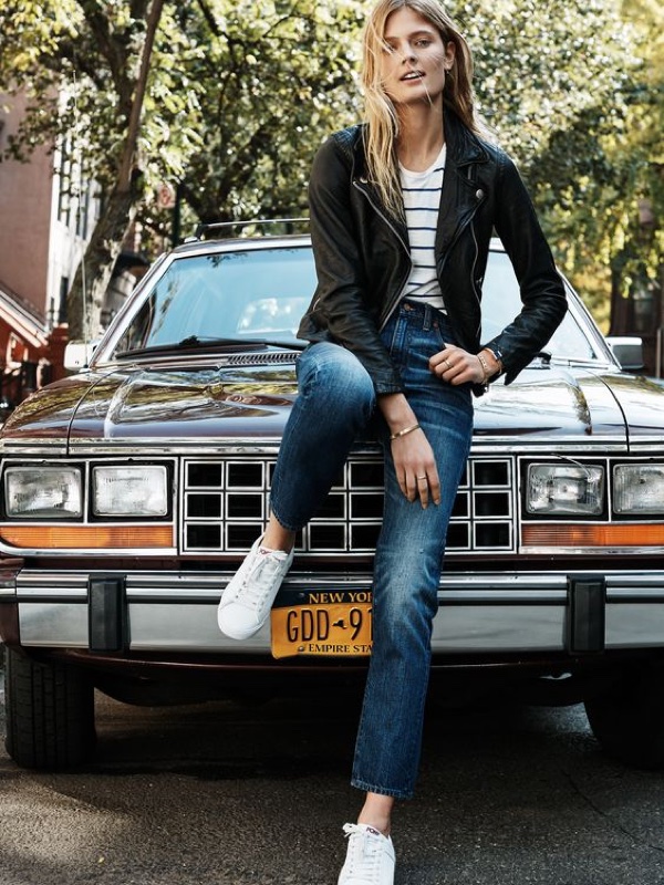 Madewell Washed Leather Jacket, Whisper Cotton Tee and Cruiser Crop Jeans