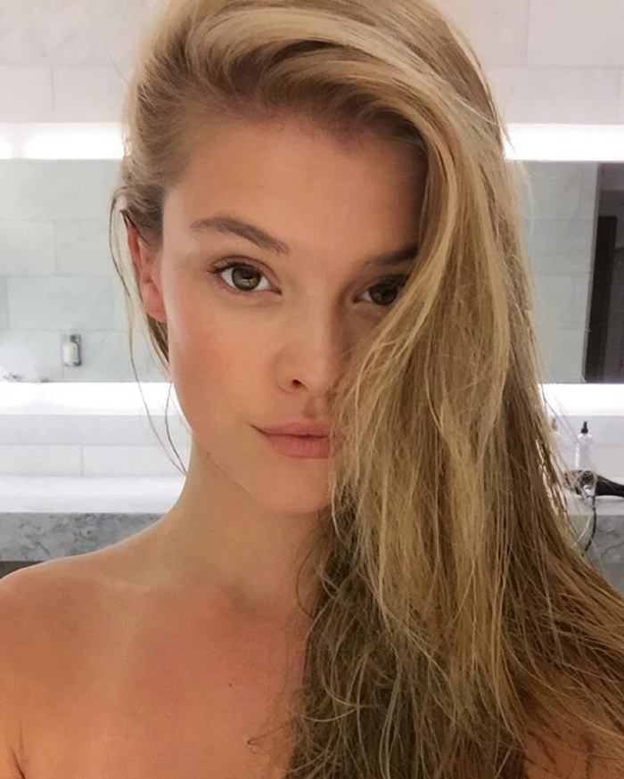 Nina Agdal takes a selfie in a sauna with wet hair. Photo: Instagram