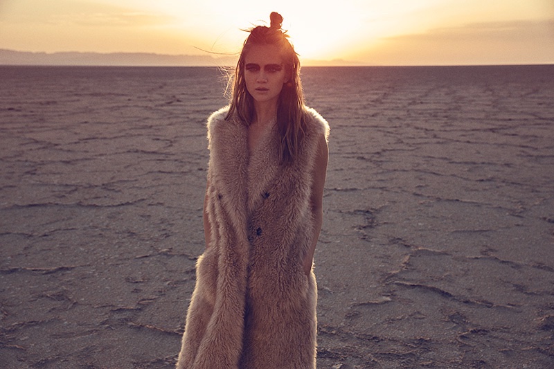 NATURAL FEELING: Rosie models a long fur vest by Brunello Cucinelli