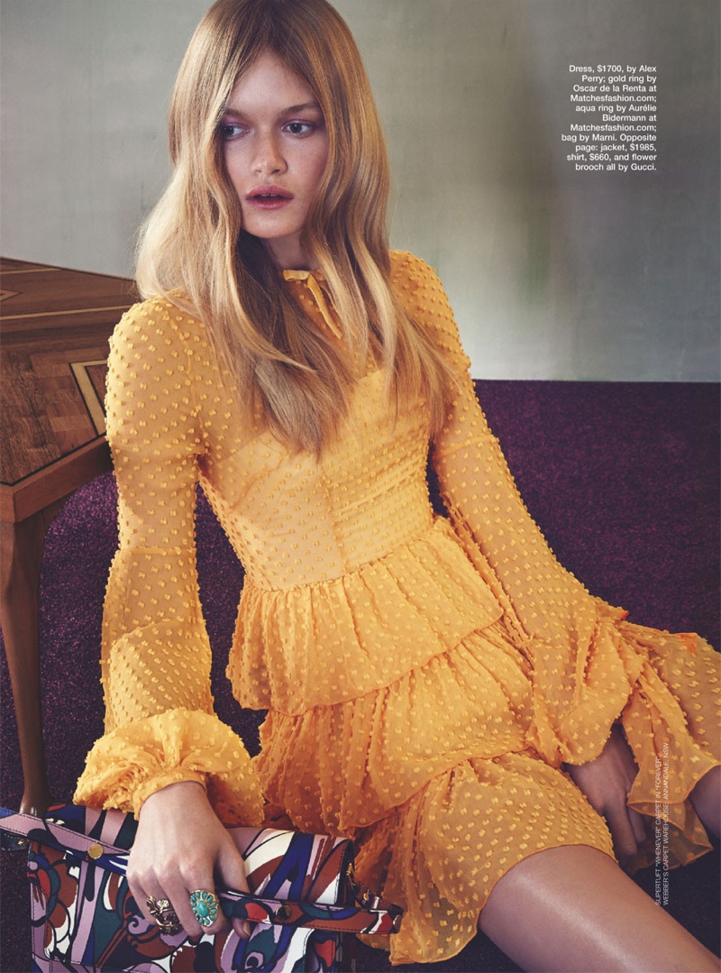 GOLD STAR: The model wears a Alex Perry dress adorned with ruffles