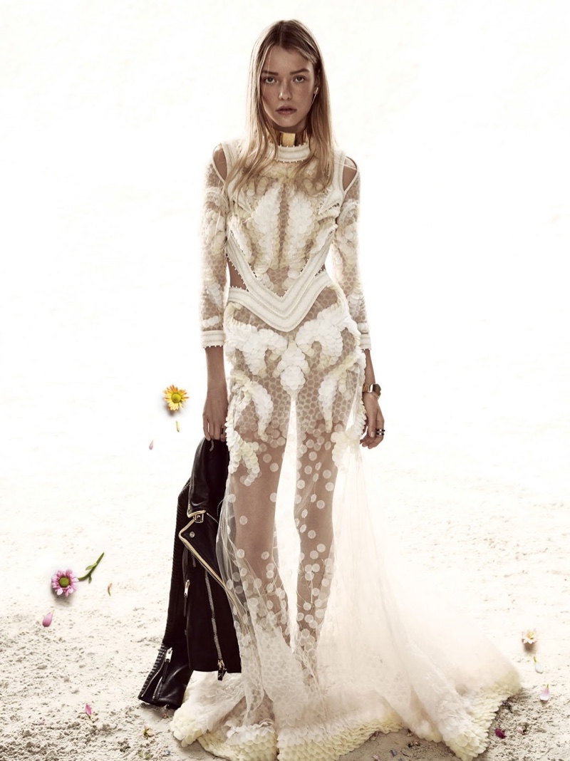 Roos models sheer Givenchy gown