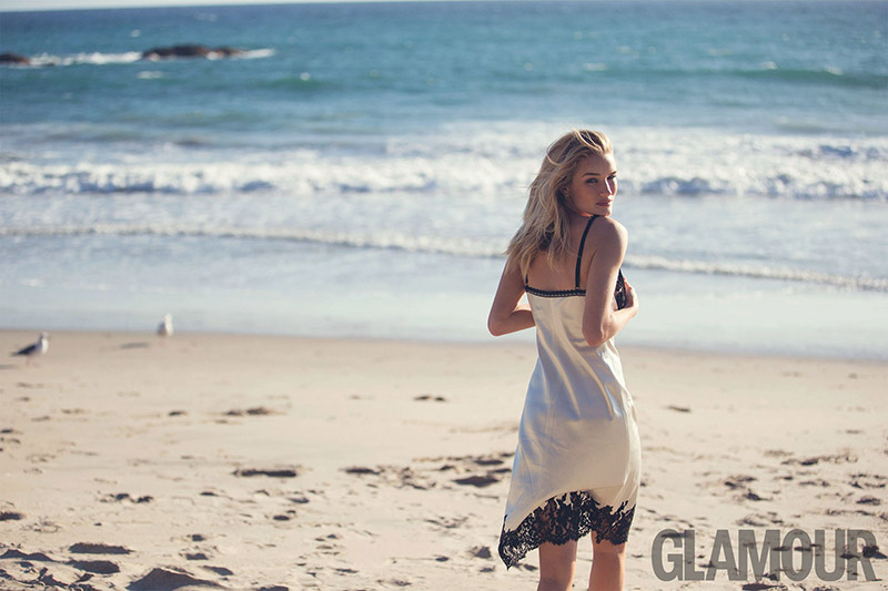 Rosie Huntington-Whiteley poses on the beach for Glamour UK