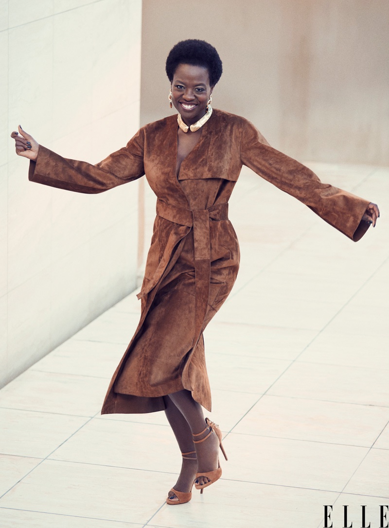 Viola Davis wears brown suede coat from Loewe