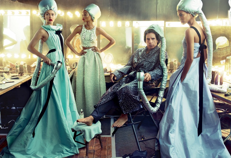 Ben Stiller as Derek Zoolander poses with models Gigi Hadid, Jourdan Dunn and Joan Smalls. Photo: Annie Leibovitz/VOGUE