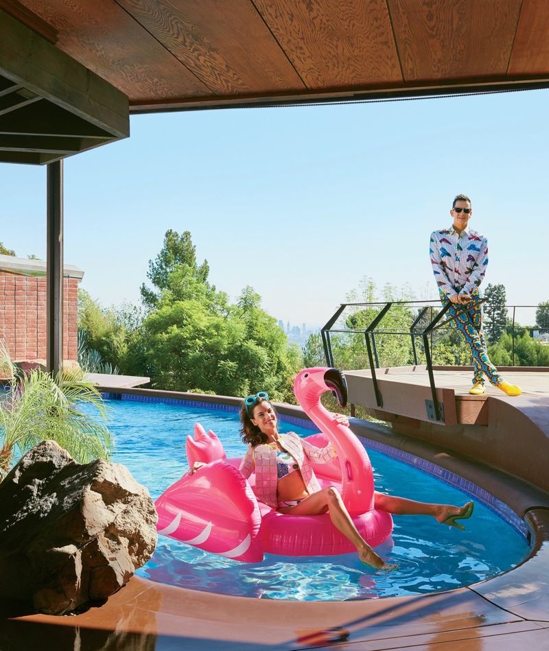 Posing in the pool wearing a Jeremy Scott design, Alessandra Ambrosio models at the designer's Hollywood Hills home. Photo: Dominique Vorillon / Vogue