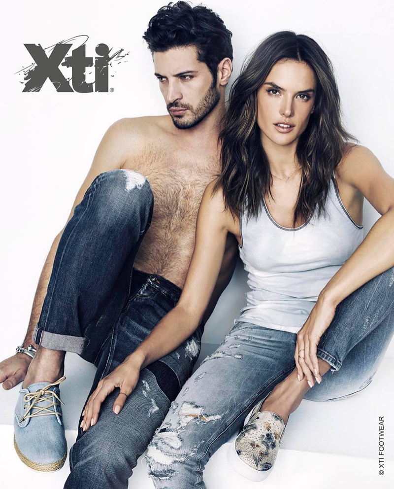 Alessandra Ambrosio poses with male model Leandro Lima in denim for XTI Shoes' spring-summer 2016 campaign