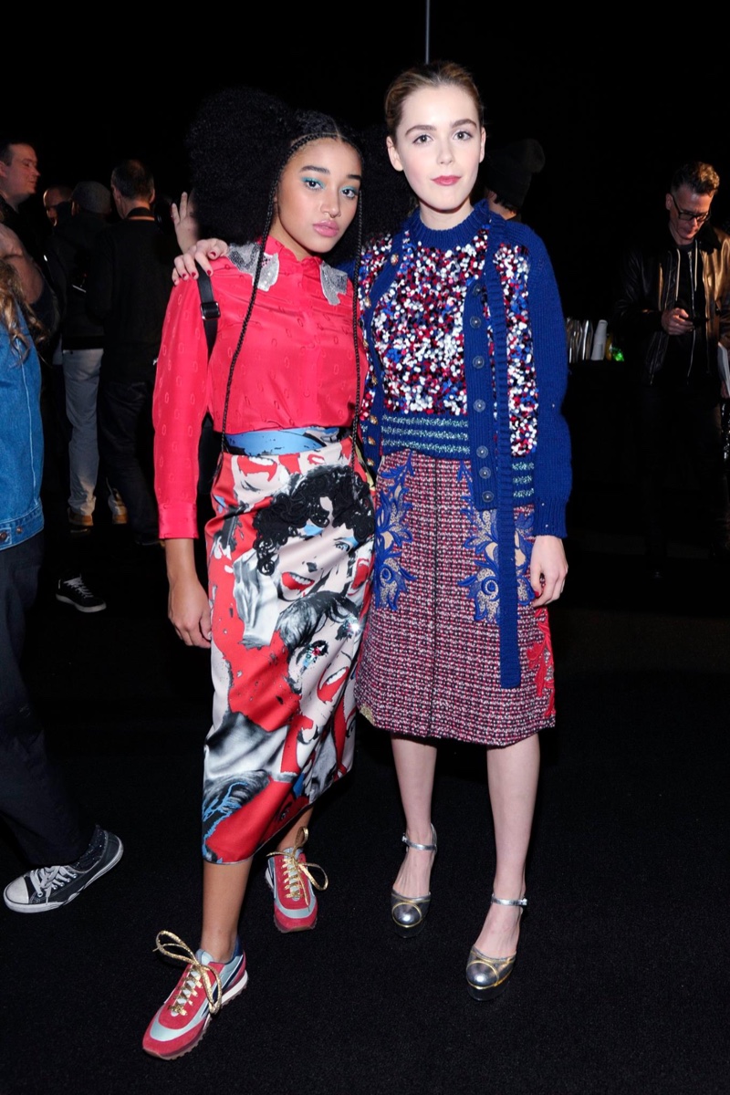 Amandla Stenberg and Kiernan Shipka attend Marc Jacobs fall 2016 show. Amandla Stenberg sits front row at Marc Jacobs fall 2016 show with Andra Day, Ashley Benson, Odeya Rush and Kiernan Shipka. Photo: BFA