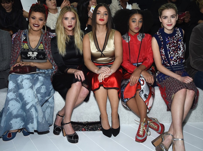 Amandla Stenberg sits front row at Marc Jacobs fall 2016 show with Andra Day, Ashley Benson, Odeya Rush and Kiernan Shipka. Photo: BFA