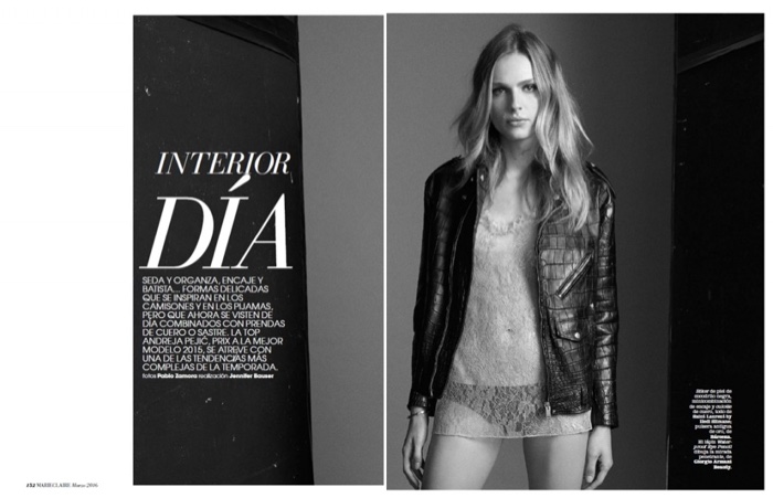 Andreja Pejic models leather jacket and slip dress from Saint Laurent by Hedi Slimane