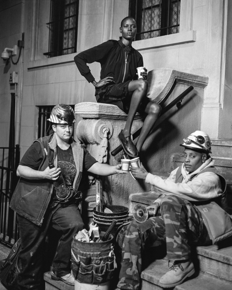 Ajak Deng poses with construction workers Priscilla Rocco and Shantar Gibson in Barneys' spring-summer 2016 campaign