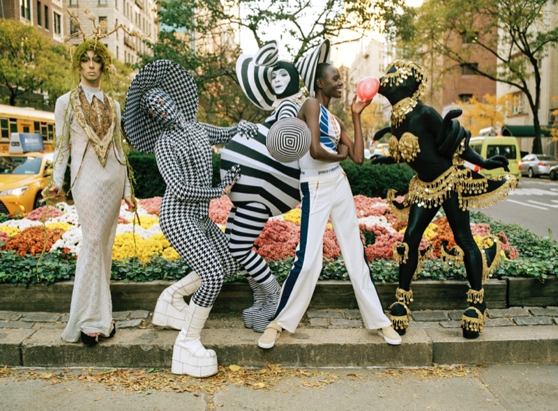 Ajak Deng poses with club kids Ryan Burke, Sussi, Muffinhead, and Hector Perez in Barneys' spring-summer 2016 campaign