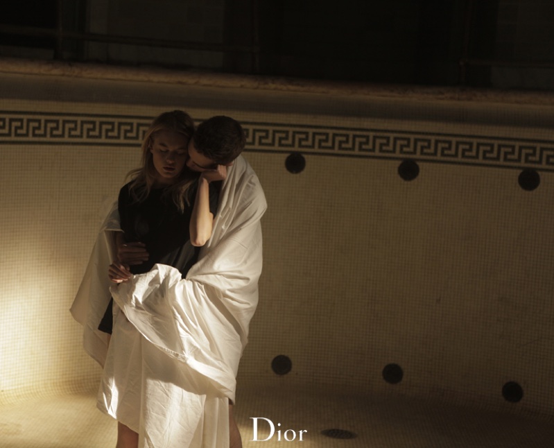 Camille Rowe behind the scenes with Robert Pattinson on Dior Homme cologne campaign.
