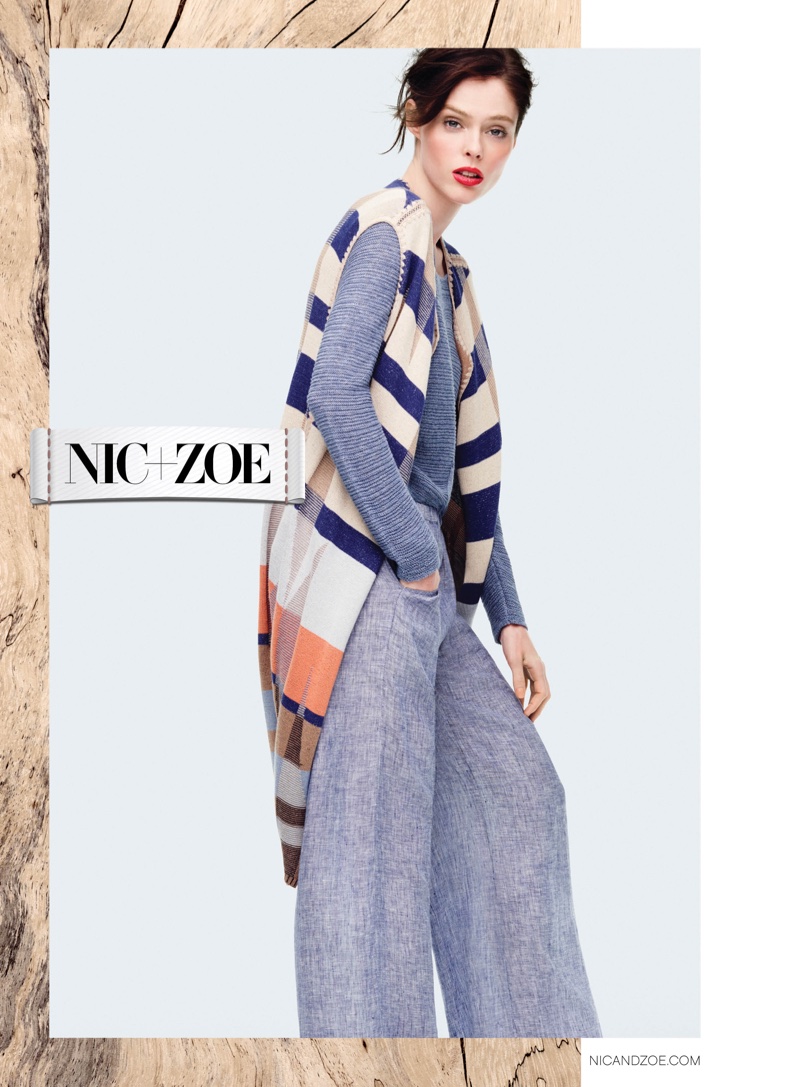 Coco Rocha poses in long vest, sweater and linen pants from NIC + ZOE's spring-summer 2016 collection