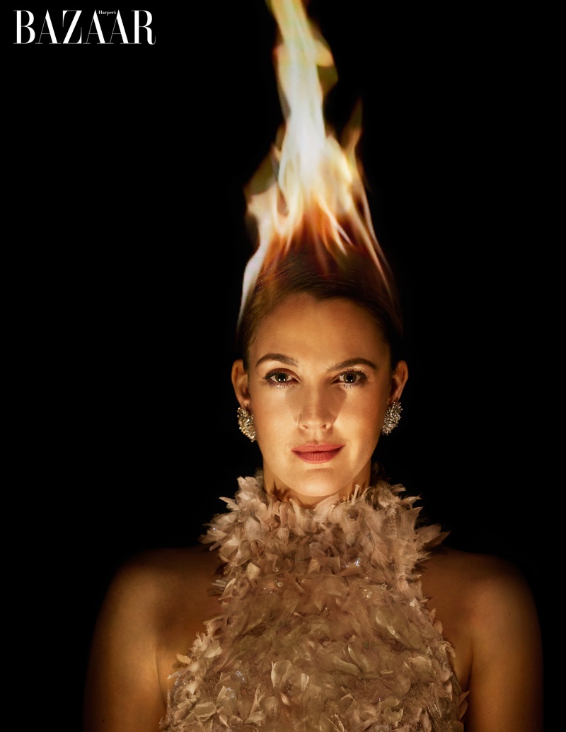 Drew Barrymore poses on fire for Harper's Bazaar US' March issue