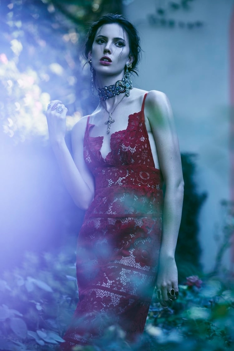 Ruby Aldridge poses in red lace dress from For Love & Lemons' spring 2016 collection