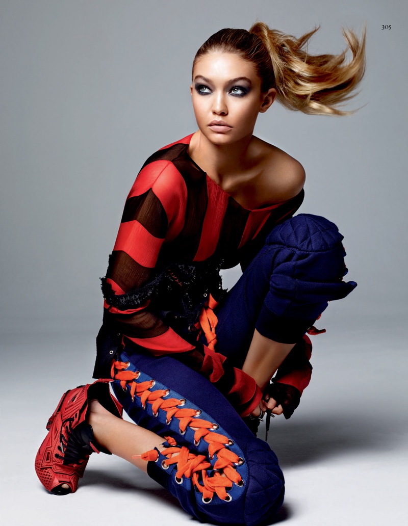 Gigi Hadid wears bold color combinations in stripes and leggings
