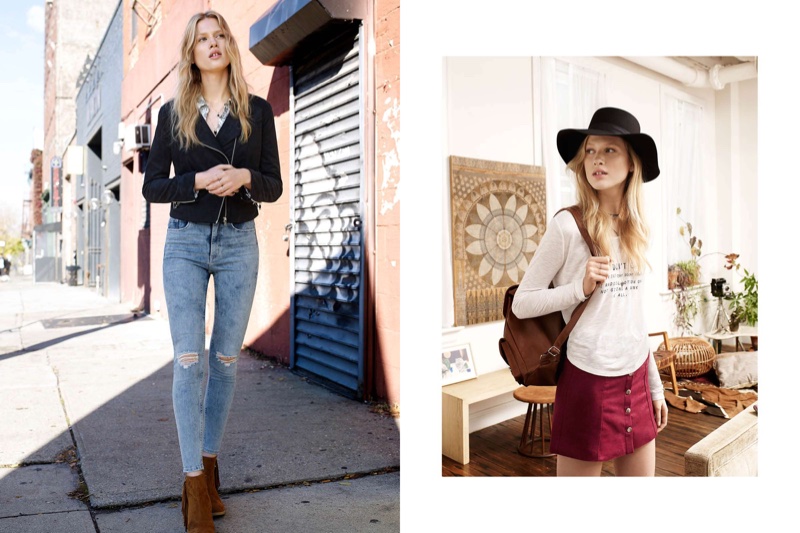 (Left) H&M Biker Jacket, Viscose Shirt, Slim High Ankle Trashed Jeans and Fringed Ankle Boots (Right) H&M Wool Hat, Short Jersey Top, A-Line Skirt and Backpack